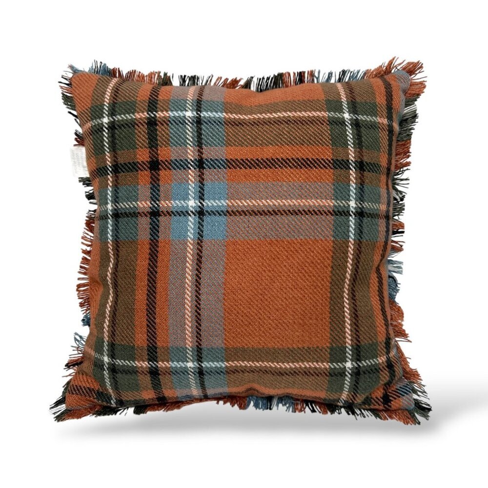 Grandin Road Farmhouse Fall Plaid Pillow 18" Cover w/ Insert Rust Brown